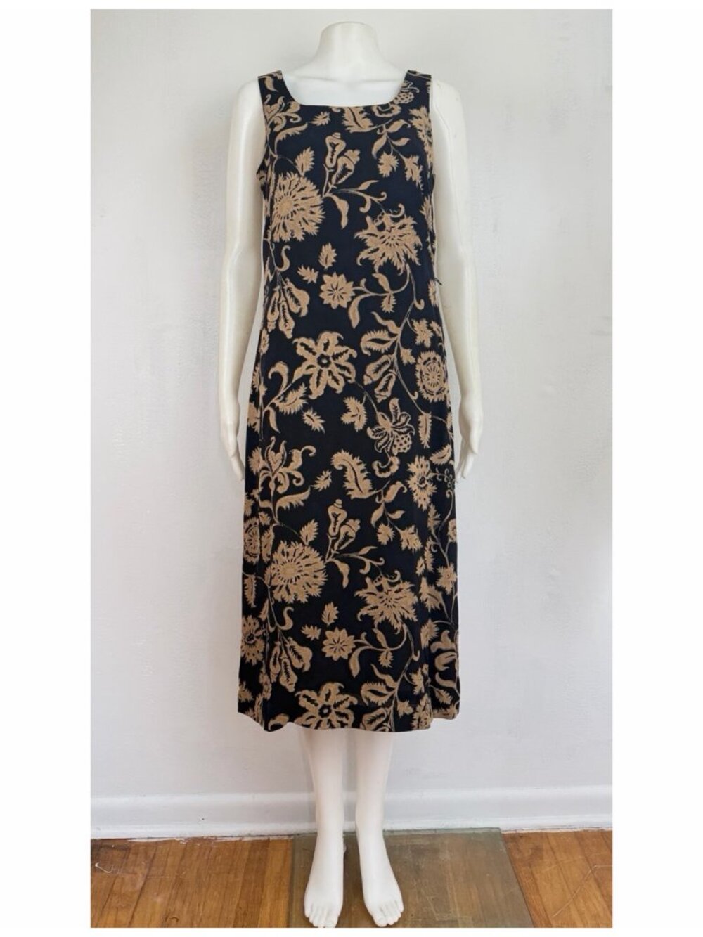 Vintage Silk Floral Print Dress Size Small 90s Black Sleeveless Midi Sundress  S